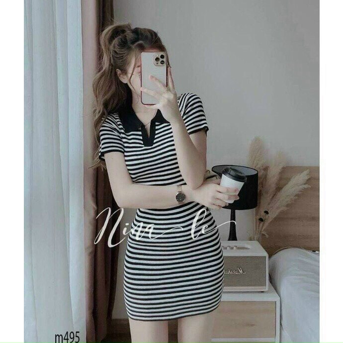 đầm cổ bẻ viền màu tay ngắn sọc ngang xinh tôn dáng chất gân mềm k