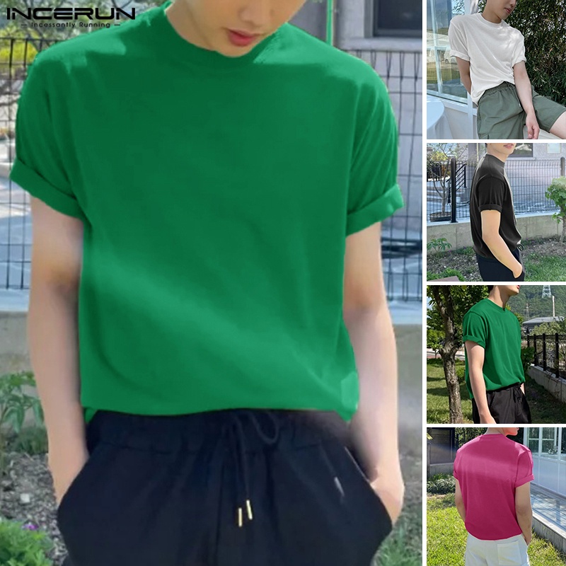 Áo thun INCERUN tay ngắn cổ tròn màu trơn đơn giản thời trang cho nam