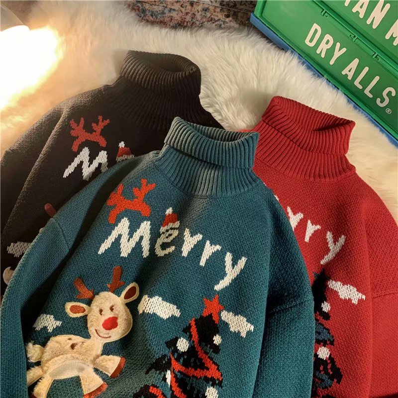 Áo len cổ cao giữ ấm phong cách giáng sinh thời trang mùa xuân cho nam/nữ/cặp đôi