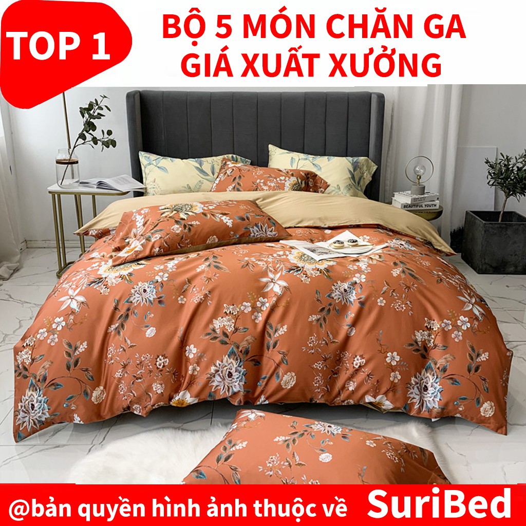 chăn ga💖FREESHIP💖bộ chăn ga 5 món họa tiết hoa hòe nâu CHANGABN21 set bao gồm 1 chăn 1 ga 2 gối 1 gối ôm cao cấp