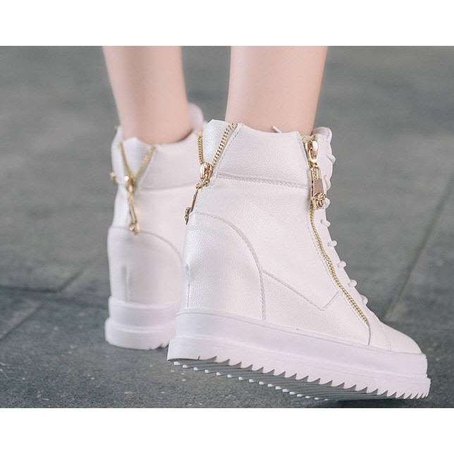 Boot da nữ cổ cao cá tính, giày vừa cột dây vừa khóa kéo, đế cao 6cm B042T | BigBuy360 - bigbuy360.vn