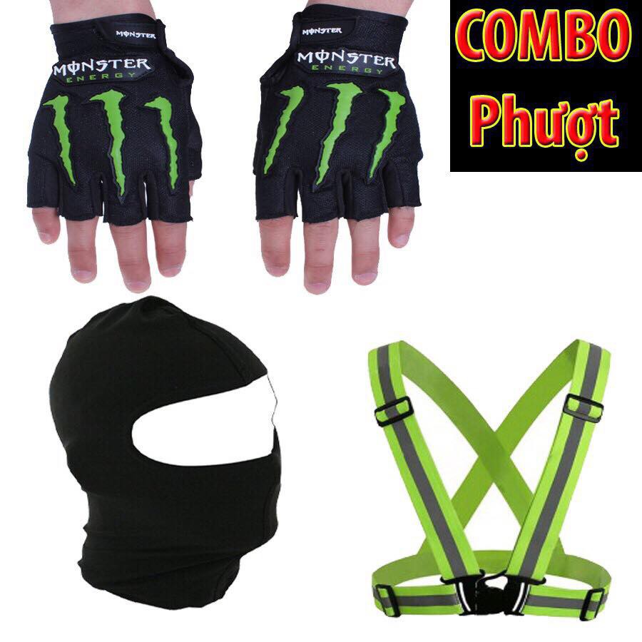 COMBO PHƯỢT 10 ( GĂNG MONSTER VẢI HỞ NGÓN + KHĂN CHÙM ĐẦU NINJA + ÁO PHẢN QUANG THUN)