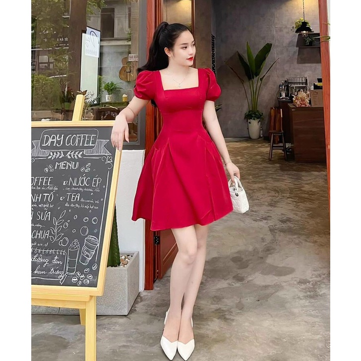Đầm Váy Nữ Dáng Xoè Chất For Mềm Cổ Vuông Tay Phồng  Thời Trang Kiểu Cách Đi Chơi, Đi Dự Tiệc