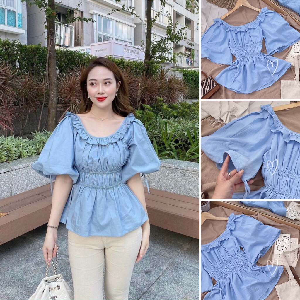 Áo bèo xanh bẹt vai bo eo basic kiểu hàn quốc công sở