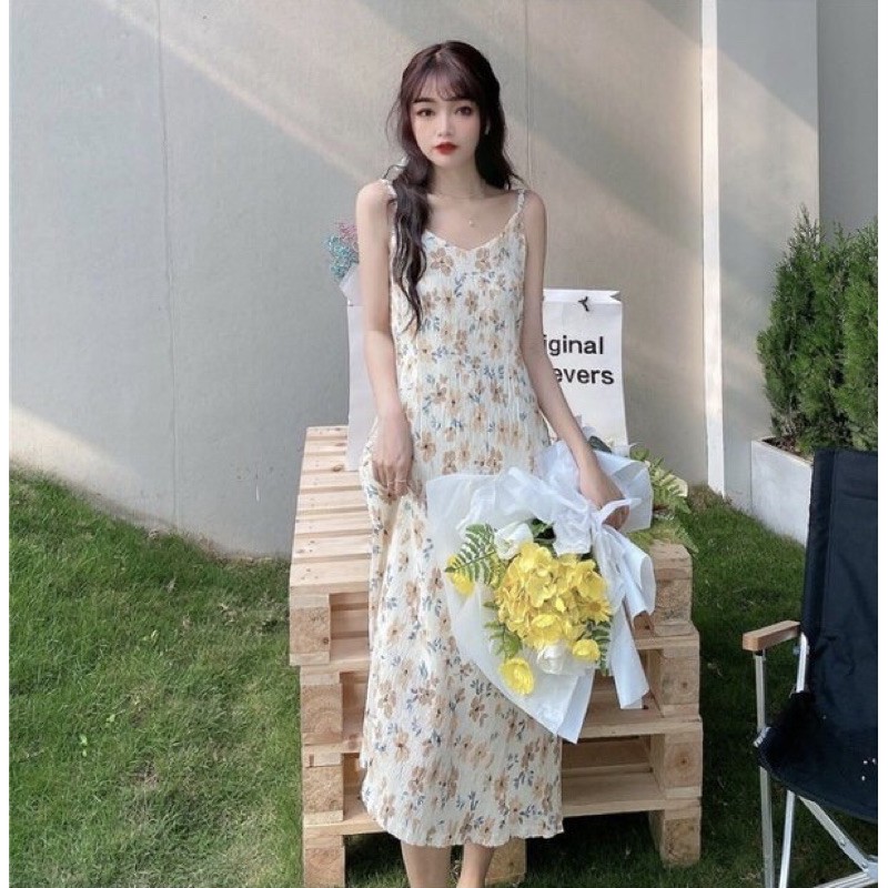 [HÀNG ORDER] Váy Đầm 2 dây nữ xếp li hoa nhí cổ chữ V phong cách Hàn Quốc AH1123