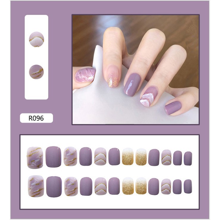 [Hà Nội] Móng Giả Kèm Keo LCR096 Tím Trắng Vân Nhũ Vàng- Nails 24 móng tay giả giá rẻ, tự dán móng tại nhà