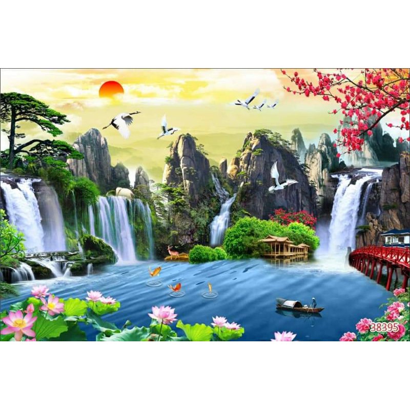 Tranh dán tường 3D phong cảnh nhận in theo yêu cầu