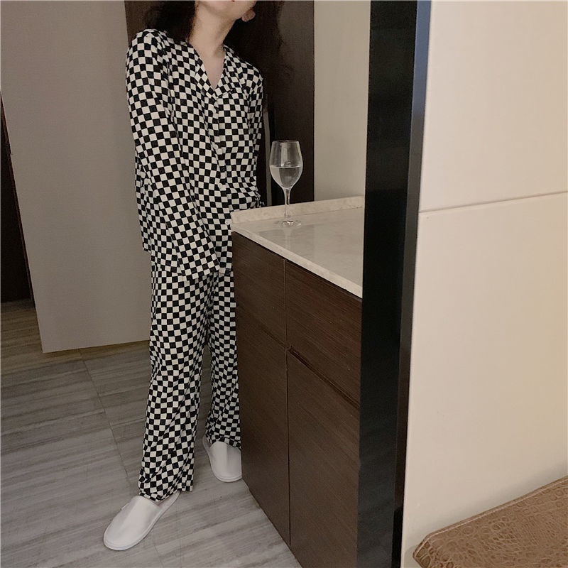 Bộ đồ ngủ tay dài chất cotton họa tiết kẻ sọc thời trang ngọt ngào cho nữ
