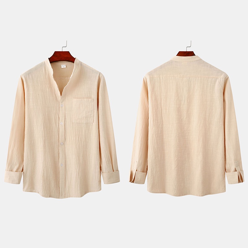 Áo Sơ Mi Vải Lanh Trơn Tay Dài Cổ Đứng Dáng Rộng Màu Trơn Có Túi Plus Size Trắng / Xanh Navy / Khaki / Xanh Dương Nhạt / Nâu / Đen Thời Trang Mùa Hè 2022 Cho Nam
