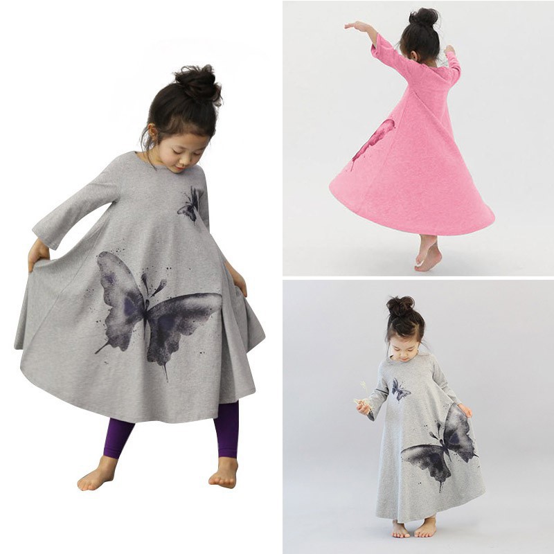 Đầm cotton thời trang tay dài in hình bướm cho trẻ em