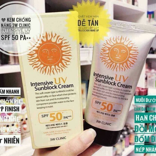 Kem chống nắng trắng da, Kiềm dầu, lâu trôi 3W Clinic Intensive UV Sunblock Cream Hàn Quốc SPF 50 PA+++ 70ml - BẠC