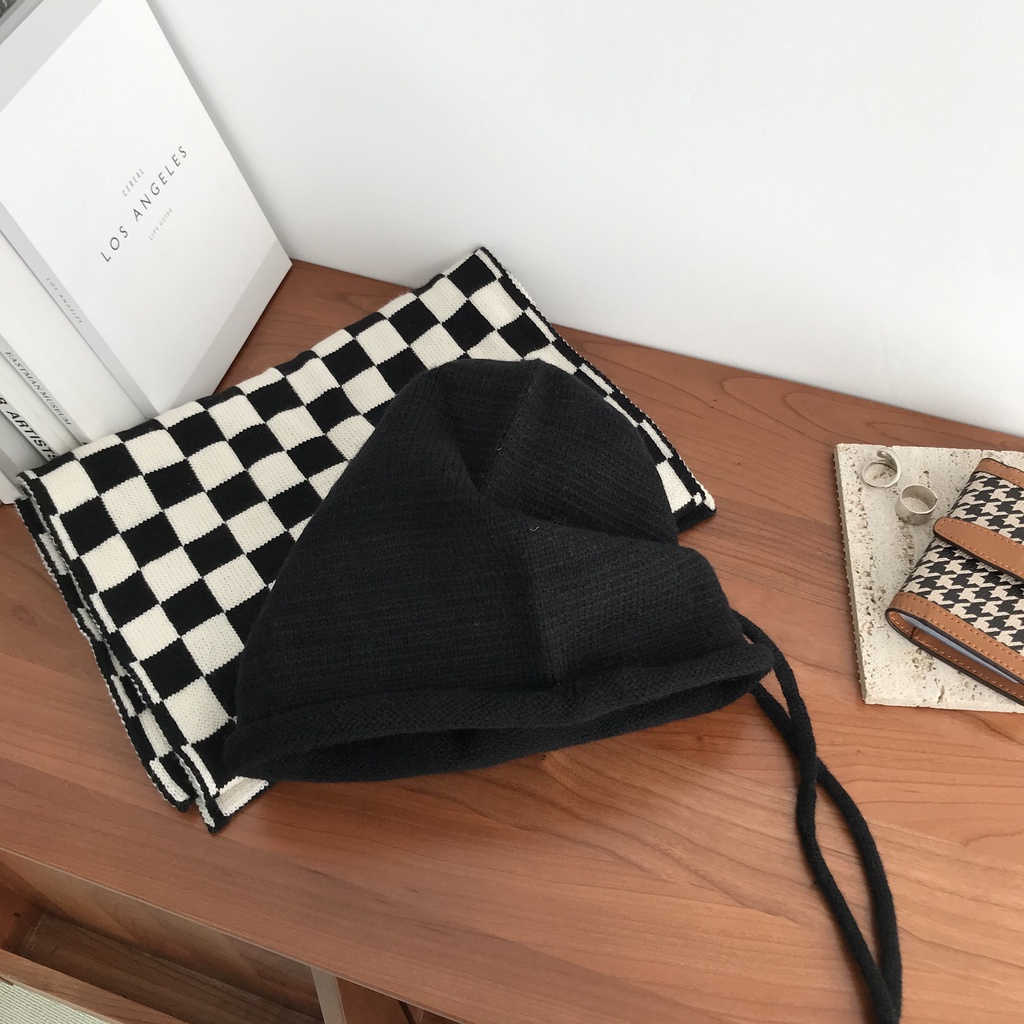 Mũ Len Dệt Kim Màu Trơn Cột Dây Thời Trang Vintage Hàn Quốc Cho Nữ