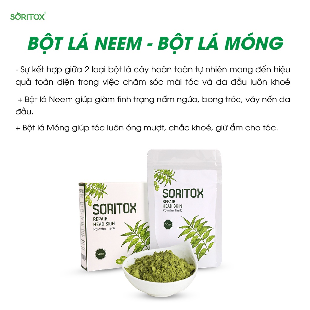 Soritox Powder 50GR - Bột lá Ủ tóc Thảo mộc Chăm sóc da đầu, Sạch gàu, Vảy nến da đầu, Nấm ngứa da đầu từ lá Neem Ấn Độ