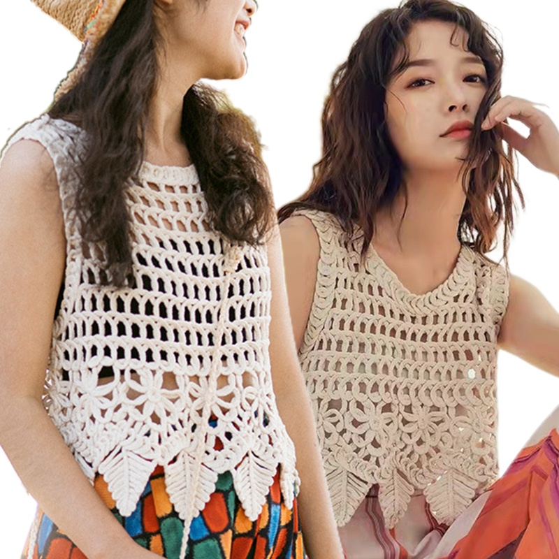 Áo Croptop Dệt Kim Sát Nách Thiết Kế Khoét Lỗ Hình Chiếc Lá Thời Trang Đi Biển Cho Nữ