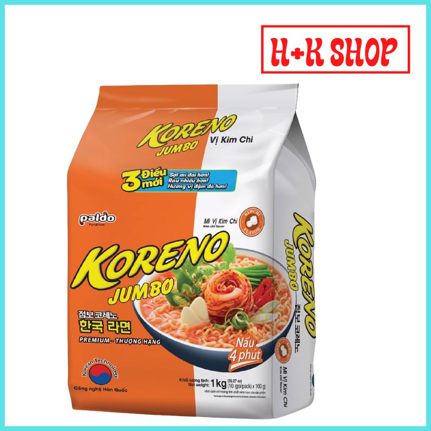 Mì Koreno Jumpo Vị Bò Cay, Vị Kim Chi, Túi 10 gói 100g MKRN01