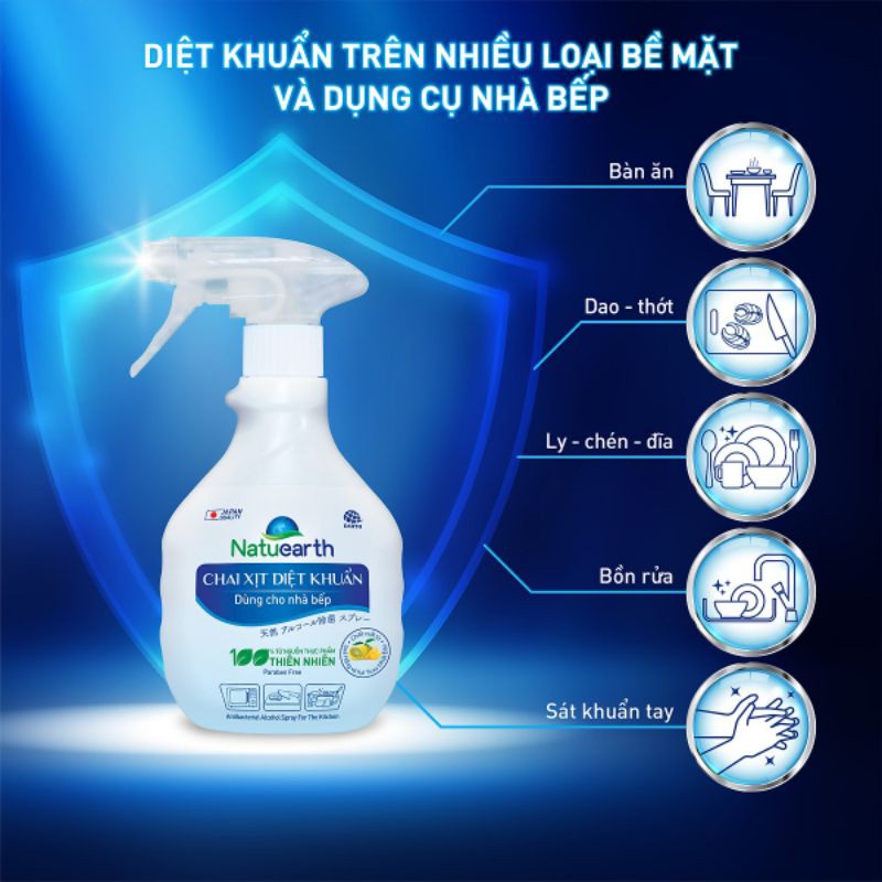 Chai Xịt Diệt Khuẩn Dùng Cho Nhà Bếp Natuearth 410ml Chiết Xuất 100% Từ Thực Vật Thiên Nhiên Khử Khuẩn Chất Lượng Nhật