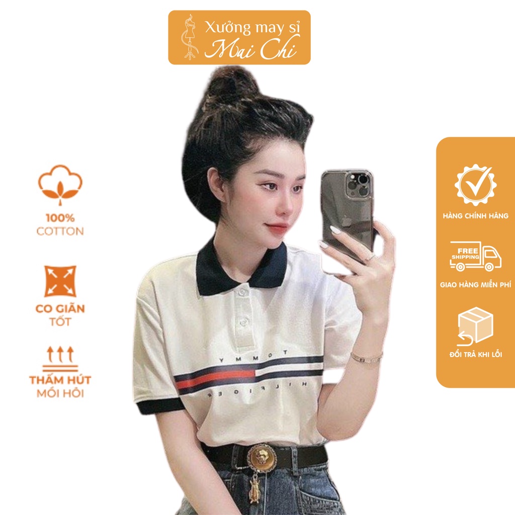 Áo polo Tommy nữ cao cấp, Áo thun nữ dáng suông cổ trụ chất poli thoáng mát thấm hút mồ hôi