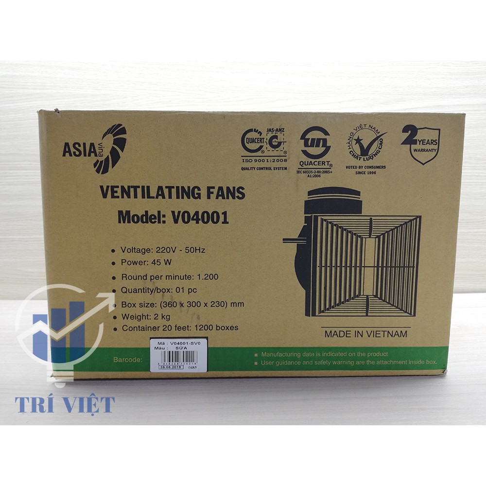 [FREESHIP] Quạt Hút Thông Gió Âm Trần ASIA V04001 (45W) - Bảo hành 2 năm, Động cơ lồng sóc siêu êm, không ồn