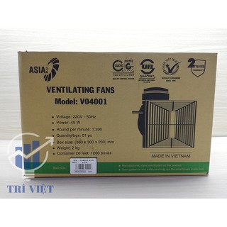 Quạt Hút Thông Gió Âm Trần ASIA V04001 (45W) - Bảo hành 2 năm, Động cơ lồng sóc siêu êm, không ồn