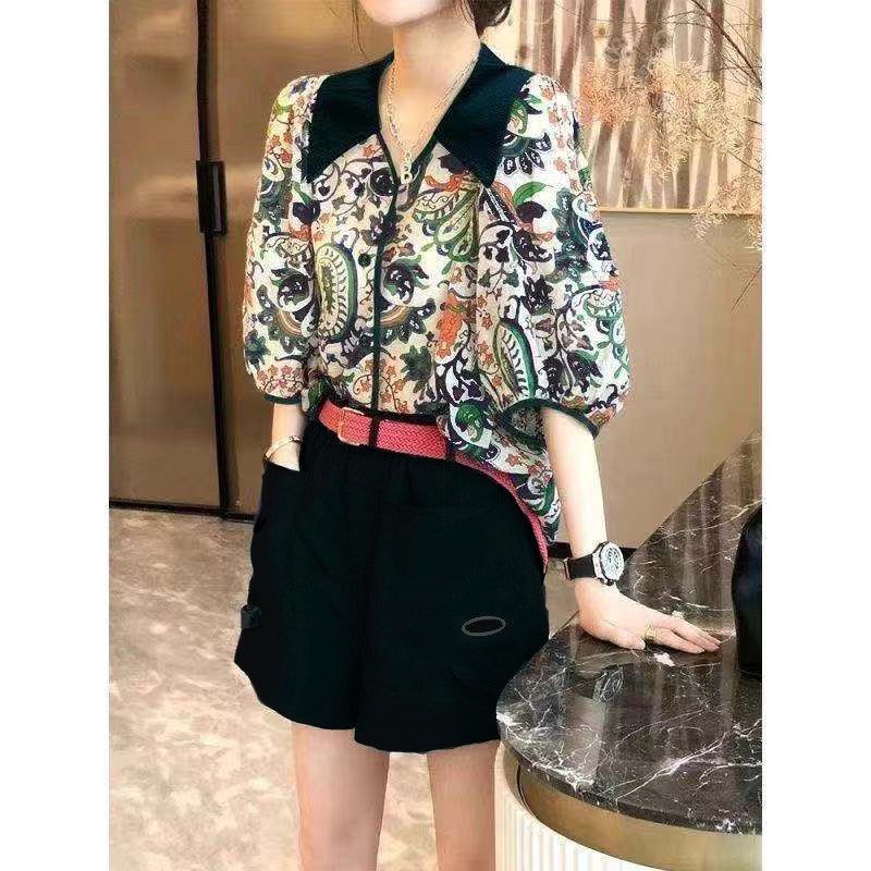 Bộ Áo Sơ Mi In Hoa + Quần Short Ống Rộng Thời Trang Mùa Hè Cho Nữ