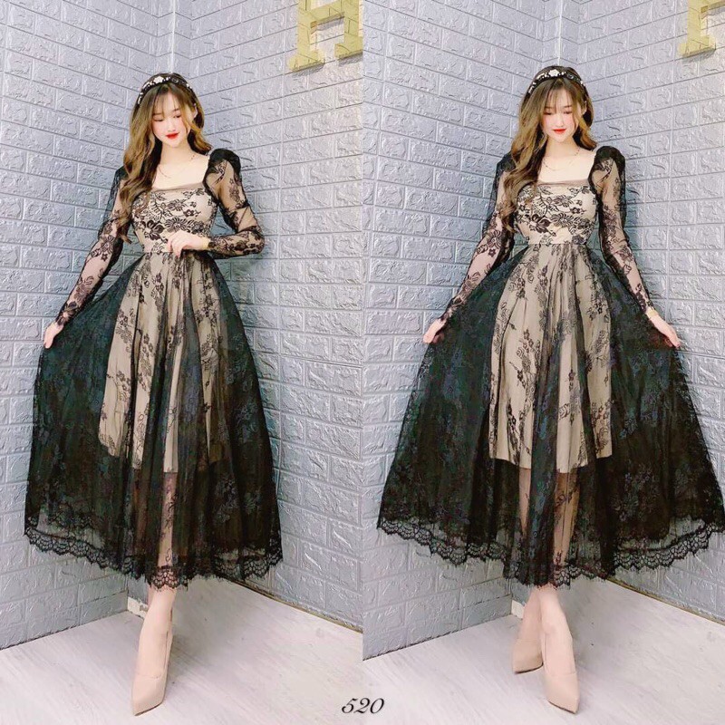 đầm xoè tay dài ren mi