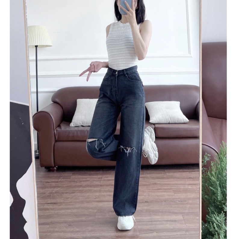Quần jean dài ống rộng rách gối màu đen-xanh lưng cao, phom Ulzzang