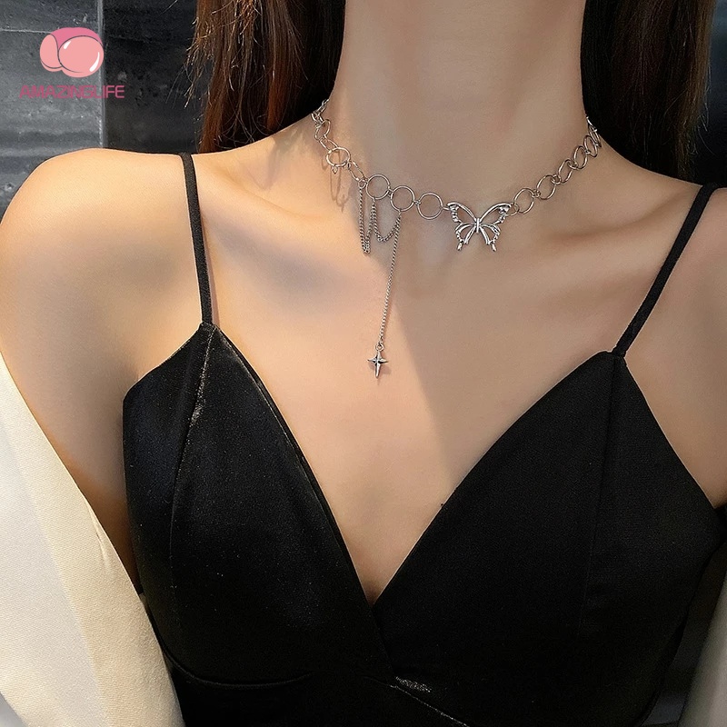 Vòng cổ Ngắn / Vòng cổ Tua Rua Hình Bướm Rỗng Màu Bạc Phong Cách Gothic Hàn Quốc Thích Hợp Dự Tiệc