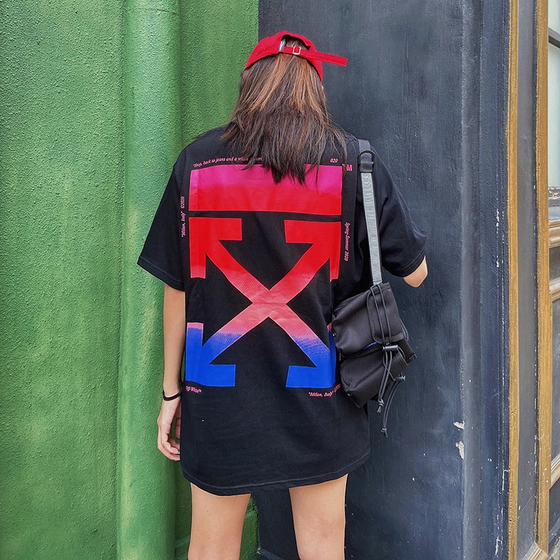 Áo thun Off White, Áo tee OW phối màu Blue Pink, chất liệu Cotton, màu đen BapeVN