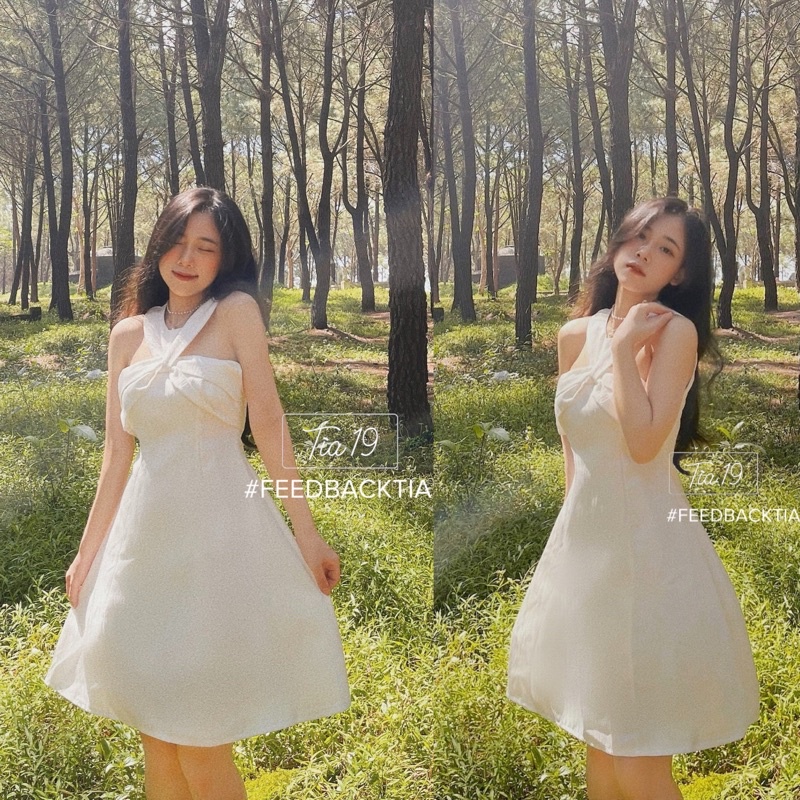 Váy trắng xoắn cổ dự tiệc Tia19. Đầm cổ yếm trắng dáng xoè