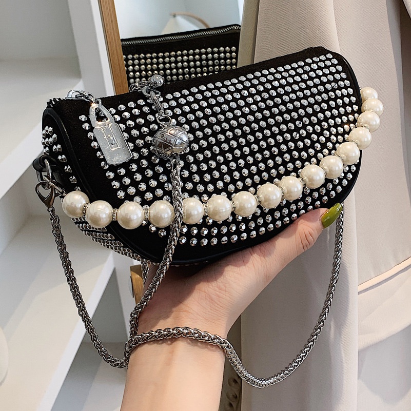 JASMIN NOIR Túi Đeo Chéo Đính Ngọc Trai Phối Dây Xích Thời Trang Cao Cấp Cho Nữ