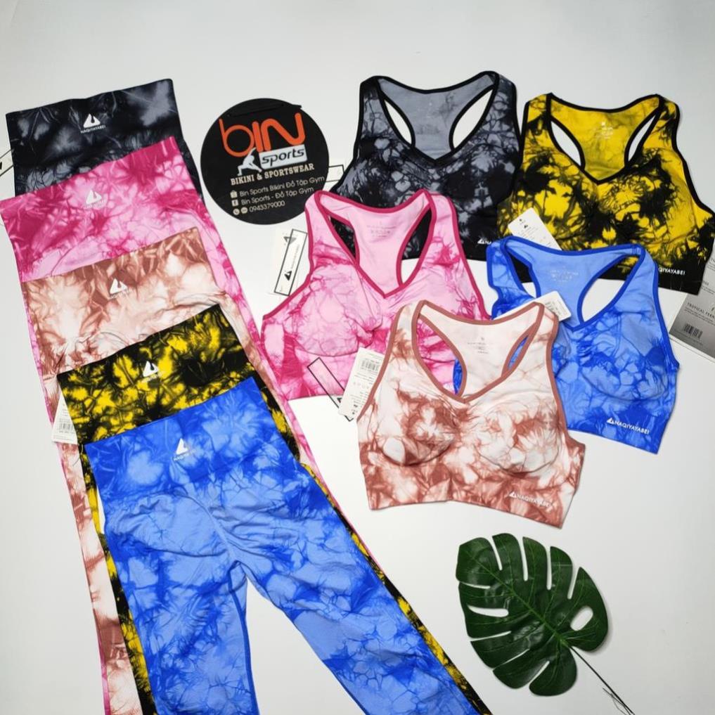 Đồ tập gym nữ, set bộ dệt kim loang màu naqi áo bra quần dài chun mông kèm mút cao cấp Bin Sports BD097 . ~