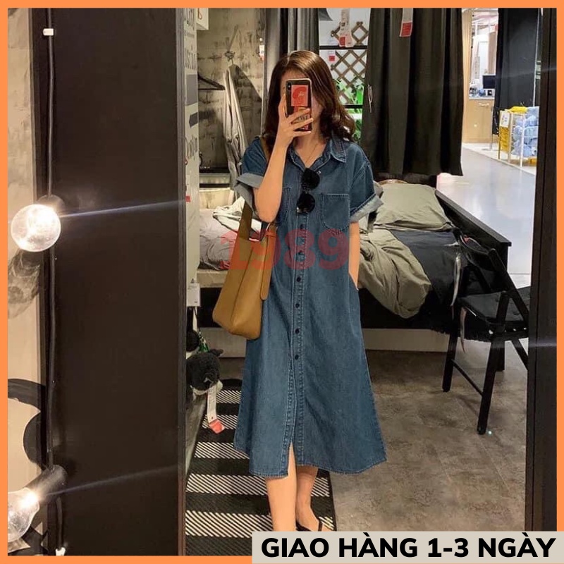 Váy đầm sơ mi jean ngắn tay cổ đức phối túi ngực vạt bầu dáng suông chất bò dày dặn phong cách hàn quốc ULZZANG MÂY_1989