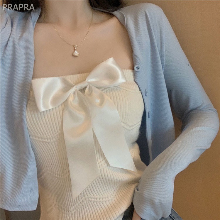 Áo ống croptop dệt kim phối nơ quyến rũ cho nữ