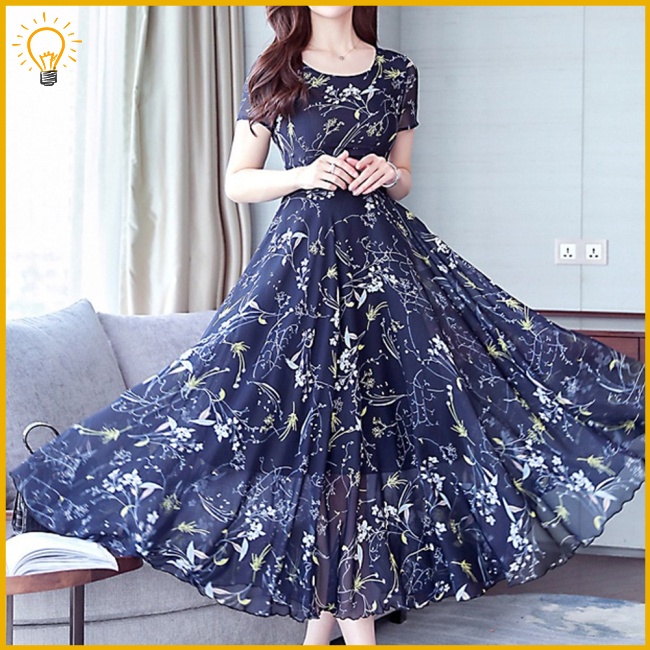 Đầm Midi Tay Ngắn Cổ Tròn Bằng Lụa Lạnh In Họa Tiết Hoa Thời Trang Mùa Hè Cho Nữ