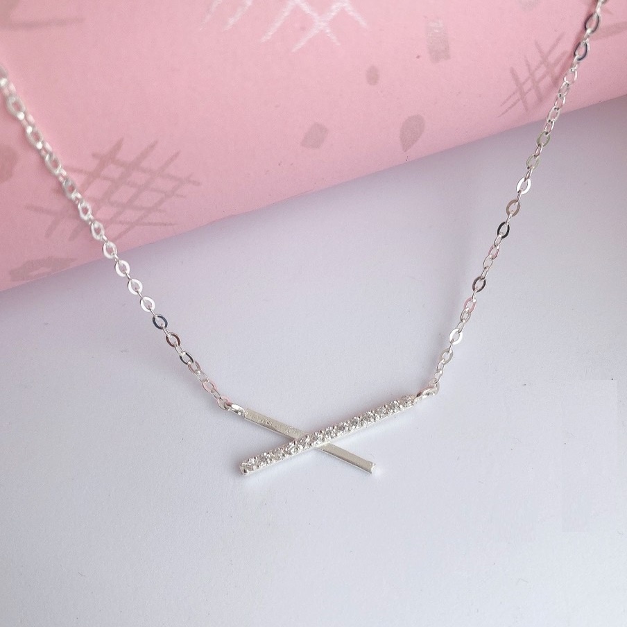 Dây chuyền bạc nữ cao cấp 2 thanh chéo Evasilver, Vòng cổ chất liệu bạc ta đính đá sang trọng nữ tính