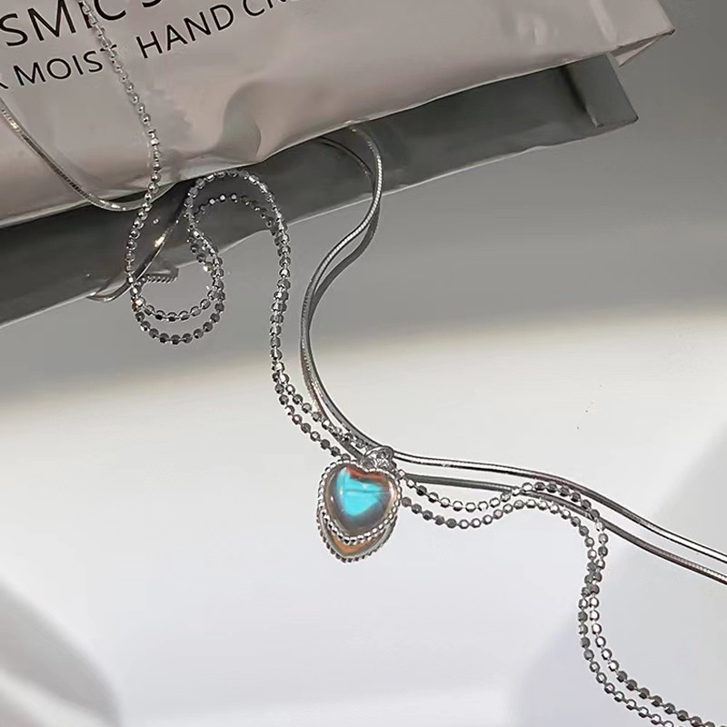 Vòng cổ Mạ Bạc Mặt Trái Tim Đôi Đính Đá Mặt Trăng Thời Trang