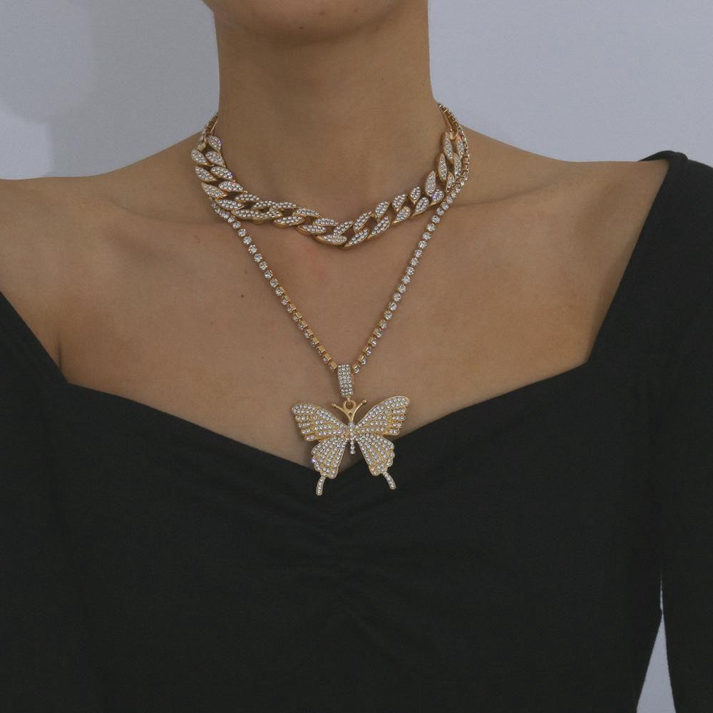 HS Women Necklace Fashion Jewelry Mutli-Layer Chain Butterfly Pendant Zircon Chic|Hip Hop Choker Clavicle/Multicolor