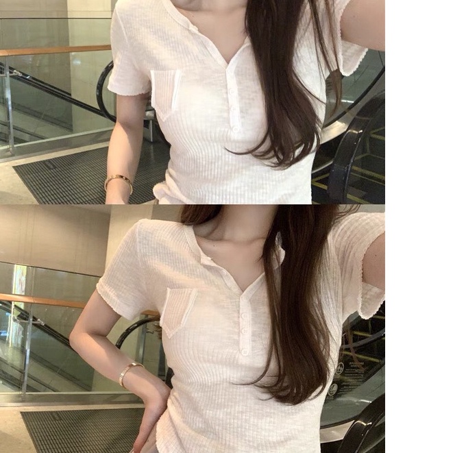 (MỚI) Áo thun nữ TÚI NGỰC TAY NGẮN cổ tròn cài cúc dáng ôm thời trang kiểu HQ