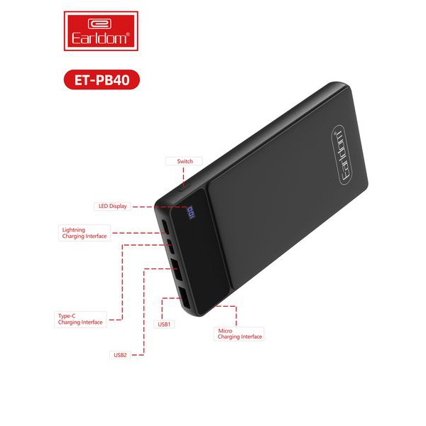 Sạc dự phòng 10.000mAh Earldom PB-40, Pin tích điện dung lượng cao chính hãng KLH