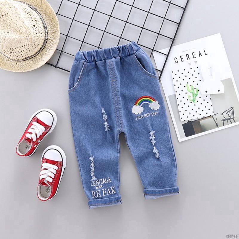 ruiaike  Boy Girl Kids Long Pants Letters Rainbow Print Denim Pants Straight Loose Jeans Trousers