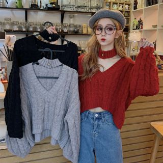 [SẴN ĐỎ, XÁM] Áo len croptop cổ chữ V chocker trẻ trung xinh xắn (Ms A44)