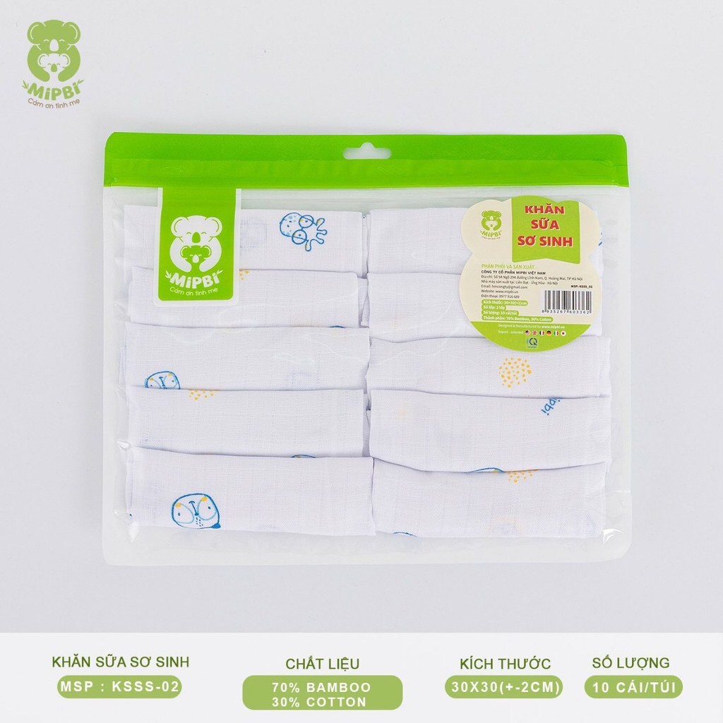 Khăn sữa sơ sinh Mipbi 2 lớp cotton mềm mại, kháng khuẩn KSSS02 (Túi 10 chiếc)
