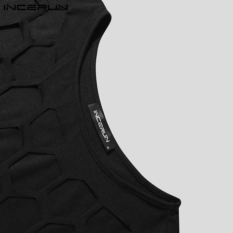 Áo thun INCERUN thiết kế tay ngắn cổ tròn màu đen thiết kế lỗ thời trang cho nam