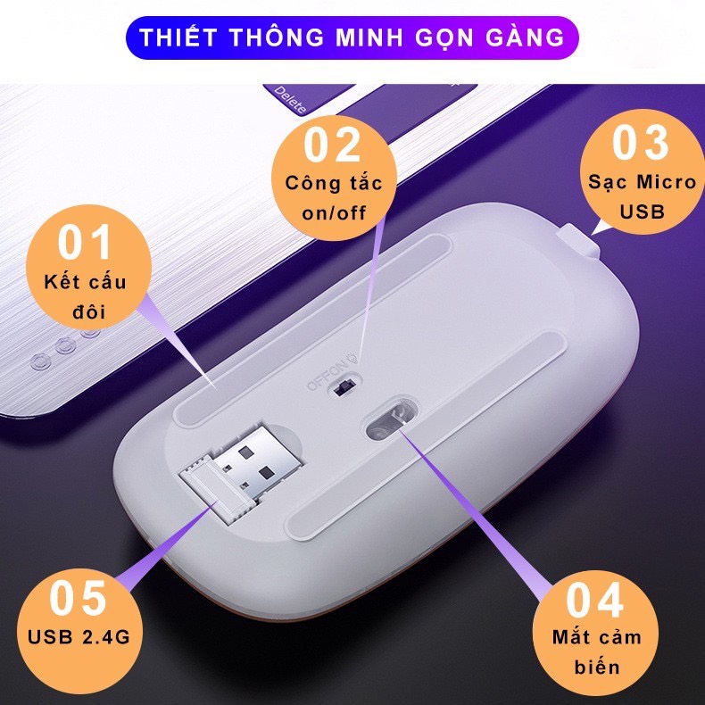 Chuột Không Dây Máy Tính Sạc Pin, Cổng USB A2 Led, Không Tiếng Ồn, Siêu Mỏng, Lỗi 1 Đổi 1 - Otis Shop