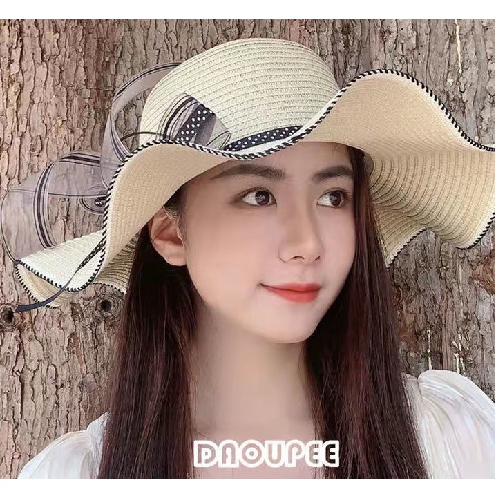 Nón cói, Mũ cói đi biển cho nữ, chất liệu mũ cói mềm phối nơ chấm bi