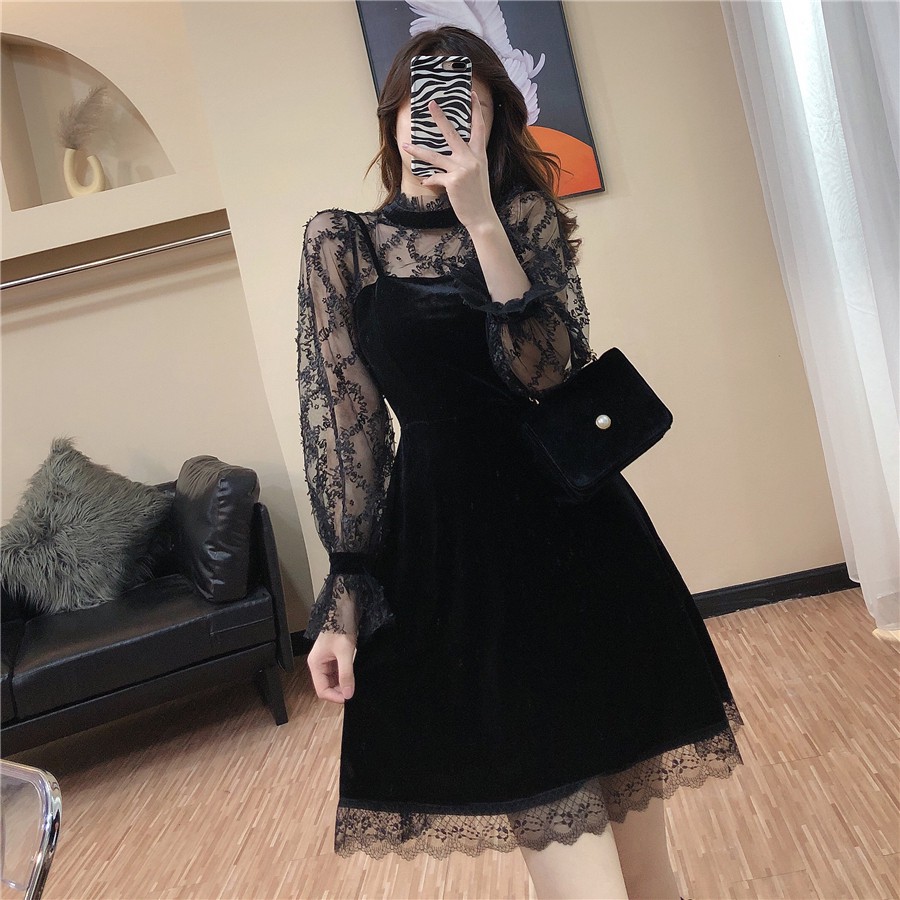 Đầm nhung chữ A phối tay voan sang chảnh váy nhung Hàn Quốc Đ319