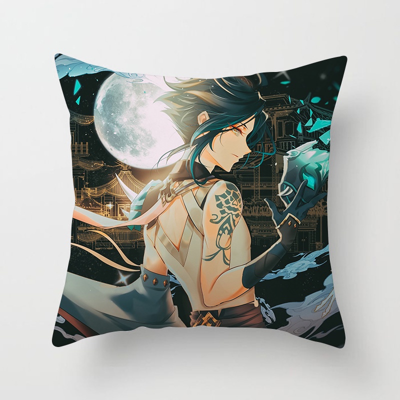 Gối ôm vuông tựa lưng Genshin Impact 45x45cm Zhongli Hutao Xiao Ayaka Paimon Keqing Ganyu Nhà lữ hành