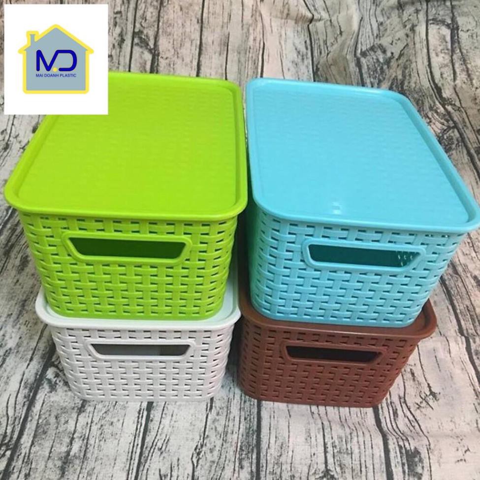 (hot) (Combo 2 giỏ) nhựa đan giả mây đựng đồ kiểu Hàn Quốc có nắp size đại hãng Việt Nhật - Thùng nhựa đan nhiều màu