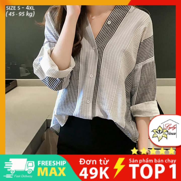 Áo sơ mi nữ công sở đẹp tay dài form rộng họa tiết sọc có size 45 - 95kg