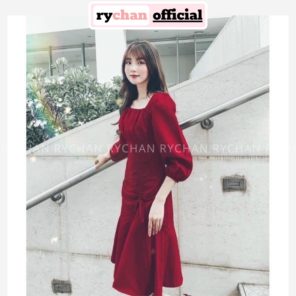 Đầm Thiết Kế Dự Tiệc Cưới Cổ Vuông Nhúng Ngực Tùng Rút Dây Mùa Trắng Kem Đỏ [ẢNH THẬT CUỐI] - DX9788